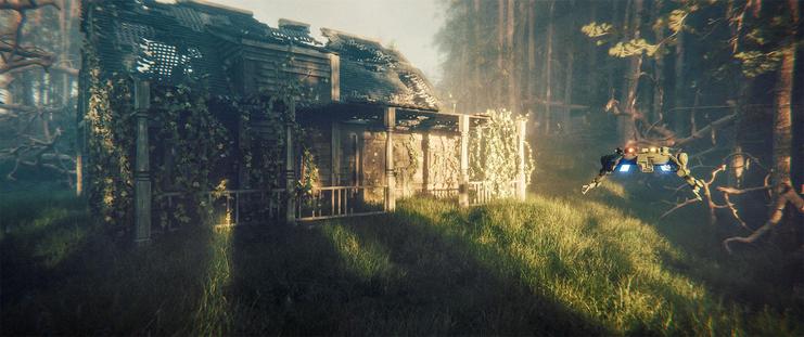 Wide shot, exterior, day -

A green, torus-shaped robot with pincer arms hovers in the tall grass in front of an abandoned and dilapidated wooden house in the forest.