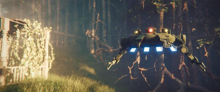 Medium shot, exterior, day -

A green, torus-shaped robot with pincer arms hovers in the tall grass in front of an abandoned and dilapidated wooden house in the forest.