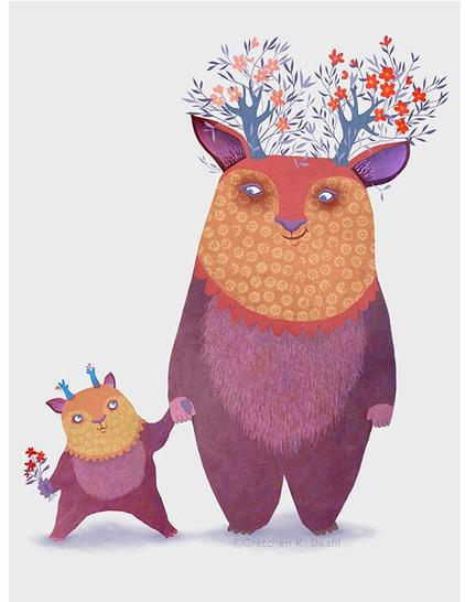Family Comes in All Shapes, Sizes and Colors
Smiling, friendly mom and toddler creatures shine in their brilliant orange, purple and pink colors. Their blue horns bloom with tiny flowers. (This description created especially for my lovely blind friend, Georgiana. ) :-)