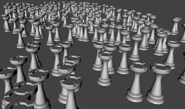a 3d render of lots of chess rooks