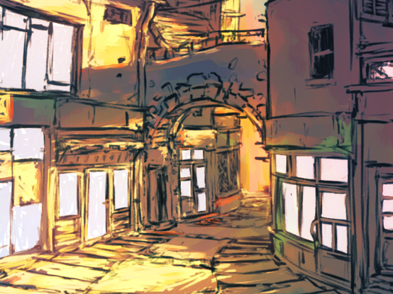 A digital drawing of a sunlit snaking street covered in various unbranded storefront, at its center passes an overhead archway under which an open door leads into a dark room