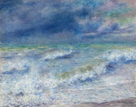 An Impressionist canvas. Under a cloudy sky, a rough sea is depicted, with waves washing in to the shore. The clouds and sea are depicted in shades of gray, blue, and green, with a tiny sliver of shoreline visible in the lower right corner.