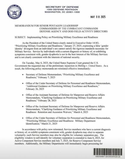 Page 1 of memorandum from Pentagon about impending trans ban.
