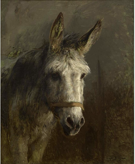 Oil painting portrait of a donkey head in quarter turn side profile facing right against abstracted dull grey/brown background