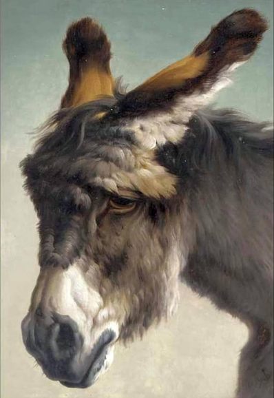 Oil painting portrait of a shaggy donkey head in side profile facing left against gradient light blue (top) to off-white (bottom) background (suggests sky)
