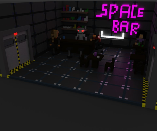 **TL;DR:** Voxel art of a futuristic "SPACE BAR" with neon signs, robotic bartender, and patrons, made in MagicaVoxel.

**Text in Image:**

* "SPACE BAR"

**Description:**
This is a voxel-style 3D scene created in MagicaVoxel, depicting a small futuristic bar named "SPACE BAR." The neon pink sign on the back wall reads "SPACE BAR," with a glowing white underline. Inside, several blocky characters—resembling humans and possibly aliens—are seated or standing around tables and the bar counter. A robot with glowing red eyes stands behind the bar. The room has metallic walls, gridded flooring, and sci-fi styled sliding doors with yellow-black hazard stripes, enhancing the space station aesthetic. Shelves behind the bar display colorful items, possibly bottles or containers.