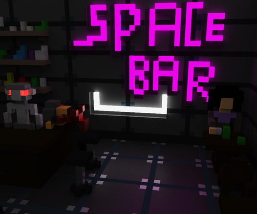 **TL;DR:** Close-up voxel art view of a neon-lit "SPACE BAR" with a robot bartender and patrons, created in MagicaVoxel.

**Text in Image:**

* "SPACE BAR"

**Description:**
This is a zoomed-in voxel art scene of the "SPACE BAR" interior, made in MagicaVoxel. Bright neon pink letters spell out "SPACE BAR" on the wall, underlined with a glowing white bracket shape. A robot with red glowing eyes stands behind the bar. To its right, a patron sits with green bottles on the table. Shelves in the background hold colorful objects that resemble bottles. The bar stools and floor tiles follow a clean, futuristic design with a sci-fi ambiance.