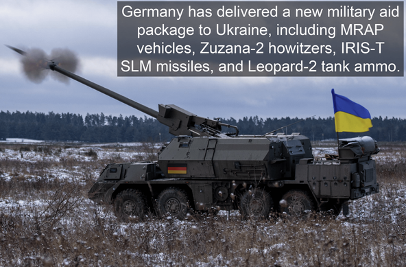 Germany has delivered a new military aid package to Ukraine, including MRAP vehicles, Zuzana-2 howitzers, IRIS-T SLM missiles, and Leopard-2 tank ammo. The aid also includes drones, mine-clearing vehicles, radar systems, and additional equipment for Ukraine's defense forces.