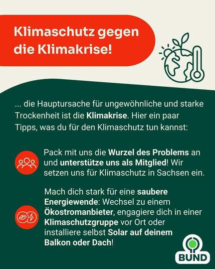 Die Grafik hat einen dunkelgrünen Hintergrund. Oben links ist ein großes rotes Textfeld mit der Überschrift „Klimaschutz gegen die Klimakrise!“. Darunter steht ein erklärender Text, der die Klimakrise als Hauptursache für Trockenheit nennt und Tipps für mehr Klimaschutz gibt. Die Tipps sind mit zwei roten Icons illustriert: ein Symbol für Menschen (Mitglied werden) und ein Symbol mit Blättern (Energiewende). Rechts oben steht ein großes grünes Icon mit einer stilisierten Erdkugel, einem Blatt und einem Thermometer.