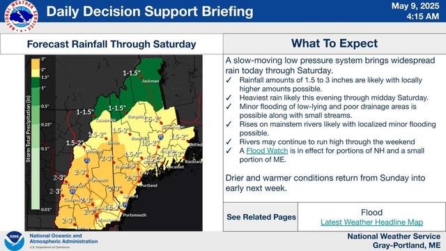 Map of New Hampshire and Maine showing potential for heavy rain through Saturday.