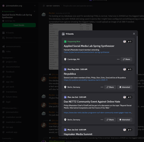 The joinmastodon.org Discord, showing a curated list of events related to the fediverse. Also includes who from the mastodon team will be attending.