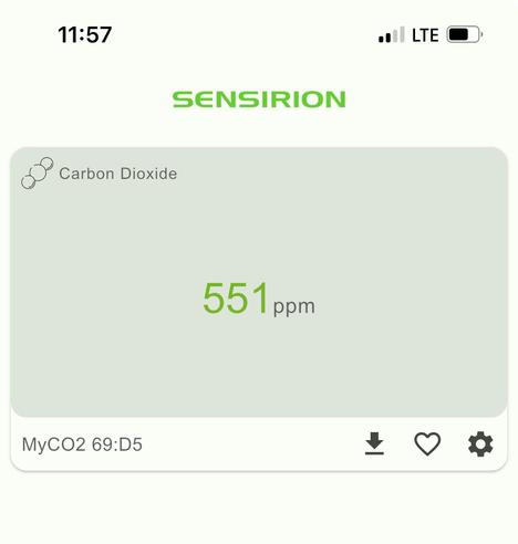 Screen shot of the app for a C02 monitor showing a level of 559 parts per million of CO2 for the air at my office.