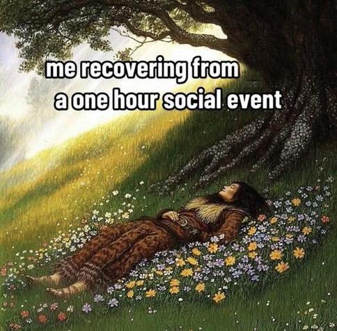 a woman laying in a flowery field, under a big tree

me, recovering from a one hour social event