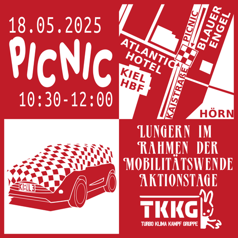 Das bild ist im Comicstil gehalten. Das bild ist viergeteilt. Oben links steht in weißer Schrift auf roten Grund 18.5.2025 Picnic 10:30 Uhr bis 12: Uhr.

 Oben rechts ist auf einer Karte zu sehen wo das Picnic stattfindet. Unten links in auf weißen Hintergrund ein gemaltes Rotes Auto. Auf Über das Auto ist eine Picnicdecke gelegt.

Unten Rechts steht in weißer Schrift auf rotem Grund Lungern im Rahmen der Mobilitätswende Aktionstage. Darunter ist das TKKG Logo zu sehen.