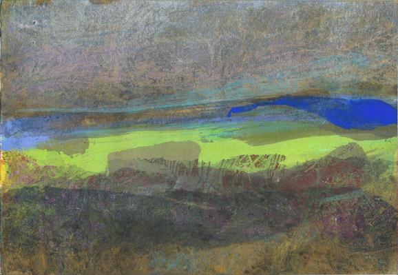 Abstract landscape, in the middle a light green and brown horizontal layers, with light and dark blue patches. Over, blue, brown and pink layers; Below, Brown, dark grey and violet.