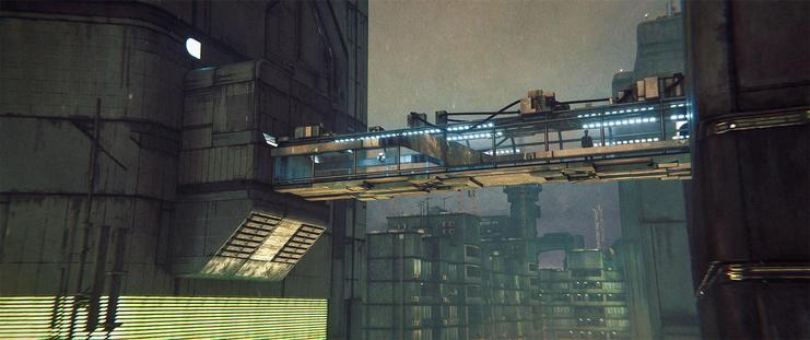 Wide shot, exterior, night -

A skybridge between two buildings in Moscow. A hover bot makes its way across the corridor, while a military officer in a hat and coat gazes out the window at the city.