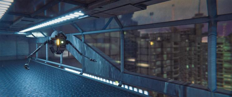 Medium shot, interior, night -

A skybridge between two buildings in Moscow. A hover bot makes its way across the corridor.