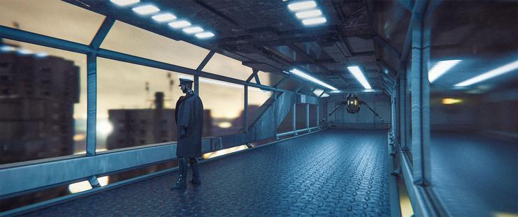 Wide shot, interior, night -

A skybridge between two buildings in Moscow. A hover bot makes its way across the corridor, while a military officer in a hat and coat gazes out the window at the city.