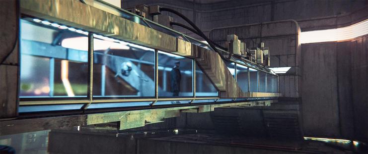 Wide shot, exterior, night -

A skybridge between two buildings in Moscow. A hover bot makes its way across the corridor, while a military officer in a hat and coat gazes out the window at the city.