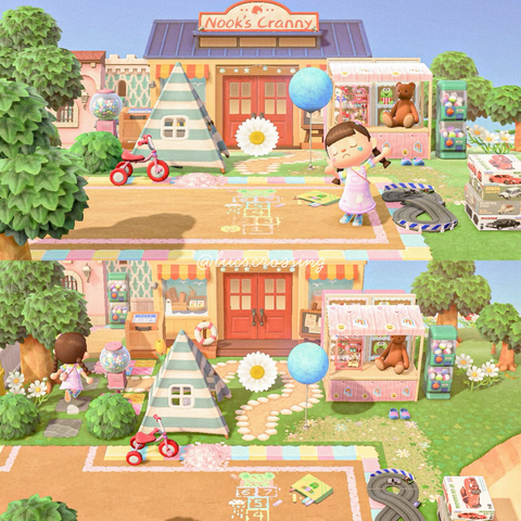 Two screenshots of Nook’s with colourful items and custom designs all around.