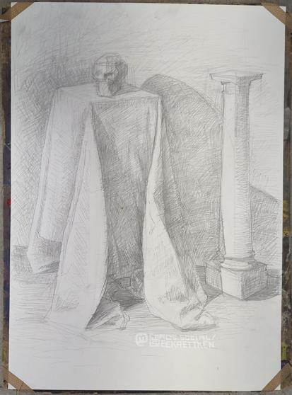 Pencil on paper

Sketch of a table over which lies a sheet that makes a fold, reaching to the ground. A skull is indicated on it. Next to it a column.