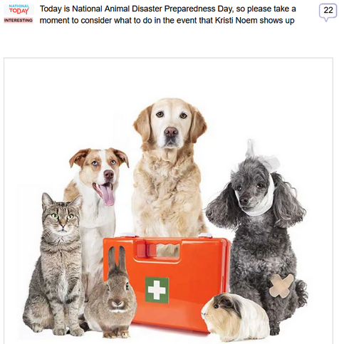 (National Today) via Fark
 
Today is National Animal Disaster Preparedness Day, so please take a moment to consider what to do in the event that Kristi Noem shows up
 
National Animal Disaster Preparedness Day
It's National Animal Disaster Preparedness Day. Join us in raising awareness on pet safety preparations in the event of a disaster.