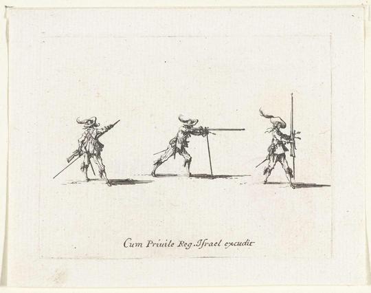 Exercities met een musket: voorbereidingen voor het afvuren van een musket, Jacques Callot, 1635