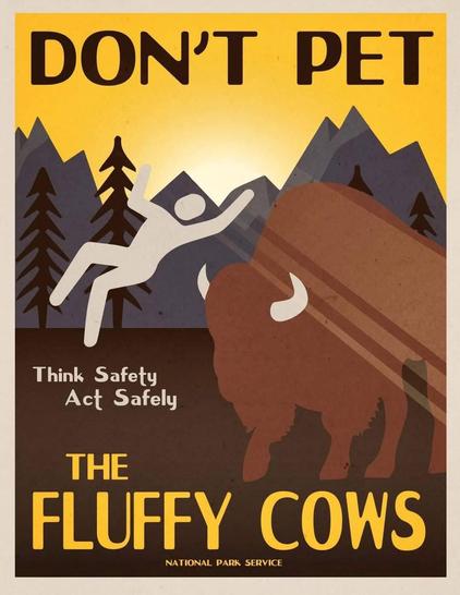A sign stylized as one from the National Park Service with a silhouette of a bison launching a person with the accompanying text "Don't pet the fluffy cows" "Think Safety Act Safety"