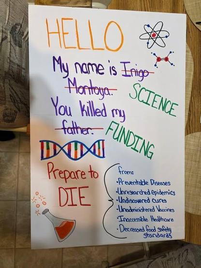 Handmade sign reading: "Hello. My name is [Inigo Montoya]Science. You killed my [father]funding. Prepare to die from preventable diseases, unresearched epidemics, undiscovered cures, unadministered vaccines, inaccessible healthcare, decreased food safety standards.