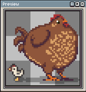 Within the Aseprite preview pane, a small white feathered chicken faces left while next to an enormous brown chicken (aka: the Chicken of Chonk) facing right. The composition is limited to 48 x 48 pixels