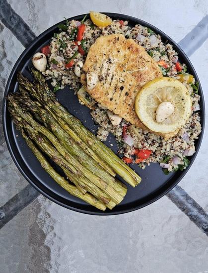 Quinoa Salad, Roasted Asparagus, and 3D Printed Garlic Lemon Cod!