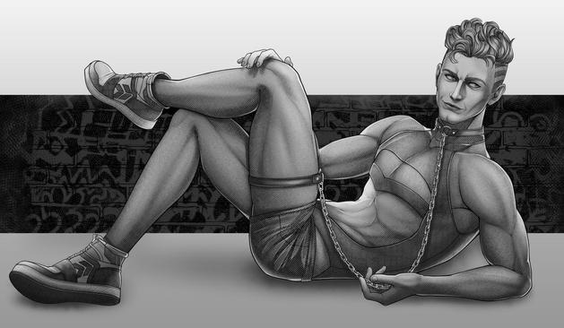 Grayscale illustration of my OC Orion lying on the floor, seemingly posing. He is dressed in a cutout bodysuit and shorts. He has a choker and a thigh band connected with the chain. Neat accessory. <3