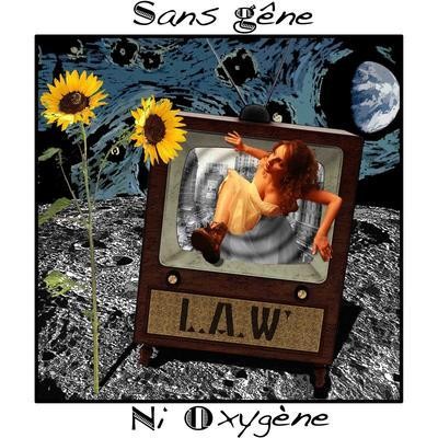 Album art for Sans gene ni oxygene by Law' shows a girl climbing out of a television screen with a surrealist background featuring the earth, the moon, and daisies.