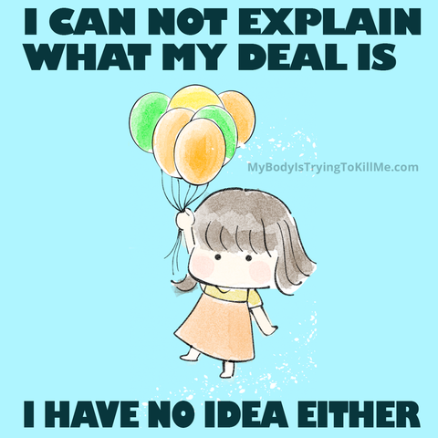a girl floating up wtih balloons

i can not explain what my deal is
I have no idea either