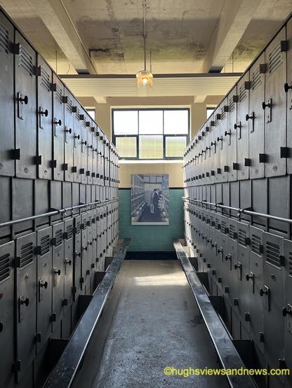 Two rows of lockers inside the shower block at the Big Pit National Coal Museum in South Wales.