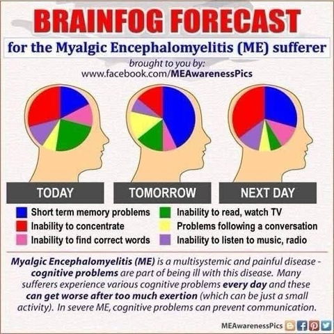 Brain fog forecast for the Myalgic Encephalomyelitis (ME) sufferer brought to you by: www.facebook.com/MEAwarenessPics '  Short term memory problems Inability to read, watch TV Problems following a conversation Inability to concentrate Inabilty to find correct words Inability to listen to music, radio  Myalgic Encephalomyelitis (ME) is a multisystemic and painful disease - cognitive problems are part of being il with this disease. Many sufferers experience various cognitive problems every day and these can get worse after too much exertion (which can be just a small activity). In severe ME, cognitive problems can prevent communication.