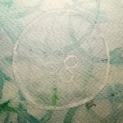 Watercolor moon jelly is round, white, and nearly transparent.