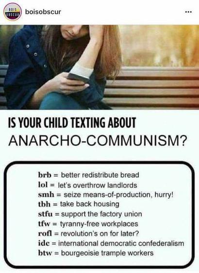 Is your child texting about anarcho-communism?

brb = better redistribute bread
lol = let's overthrow landlords
smh = seize means-of-production, hurry
tbh = take back housing
stfu = support the factory union
tfw = tyranny-free workplaces
rofl = revolution's on for later?
idc = international democratic confederalism
btw = bourgeoisie trample workers