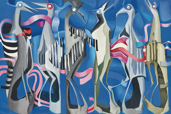 “By the mid-70s Cecil Sash, already an established artist exhibiting locally and internationally, both independently and as one of the Amadlozi Group and a significant educator at Wits University’s Fine Art Department, had developed a confident style and iconography of abstracted forms based on perceptual reality. Travels in the UK and USA during the mid-60s on an Oppenheimer Grant had exposed her to the prevailing trends in abstraction. Inspired by Op artists such as Bridget Riley, she forged a unique style of intellectual abstraction infused with metaphysical ideas. In this powerful composition, birds are arrayed across the canvas in a serried row, forming a rhythmic pattern with a strong iconic quality. These are no naturalistic creatures, but rather imaginary birds. Their feet rise from plinths not unlike the magnificent heraldic birds of Great Zimbabwe, suggesting symbols of power, strength or freedom.Typically, Sash stripped her paintings of saturated colours to focus, as here, on muted greys and ochres accentuated with black and white. Set against a ground of intense, prevailing blue, the birds are encircled with pink ribbons, to which each responds uniquely. Her design sophistication was acknowledged in 1972 when the famous Aubusson Studio in France commissioned Sash to produces a design of birds for an edition of six tapestries.”