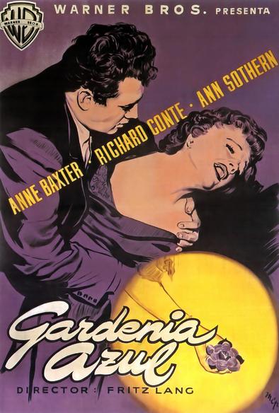 A man clutching a woman by the shoulders; she is pulling back, mouth open; in her hand is a gardenia, highlighted by a spotlight effect. The whole thing is in deep purple tones.

Poster for the 1953 movie “The Blue Gardenia” starring Anne Baxter, Richard Conte, Ann Sothern, Raymond Burr, Jeff Donnell, Richard Erdman, George Reeves, Nat King Cole.