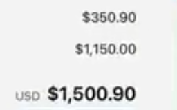 Total showing a $350,90 product and $1.150 in shipping and handing fees and U$D 1.500,90 in total pricing.