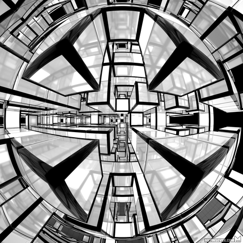 A 3D-rendered abstract maze of white 3D cubes with black outlines.