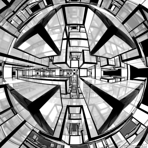 A 3D-rendered abstract maze of white 3D cubes with black outlines.