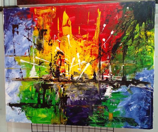 an abstract street scene, lots of colors converging and exploding, reds and greens and black white, blue, yellow