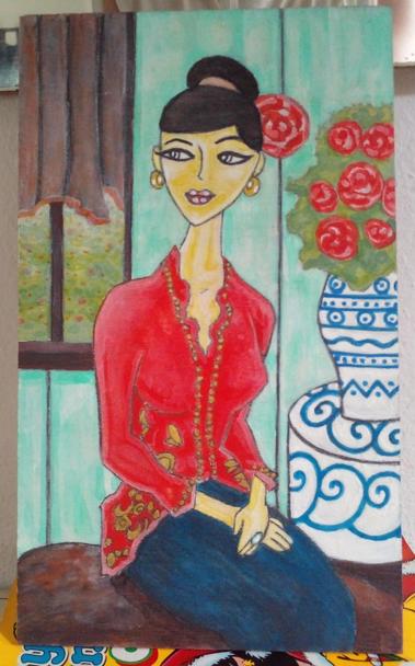 a paining of a woman with her hair pinned up looking out he window, wearing a red silk shirt with gold embellishments and a long dark blue silk shirt, she is sitting on a bench looking to her left out the window, a large red flower in her hair, a blue and white vase is on a blue ad white table behind her, big red flowers in it, she is looking at her garden out the window