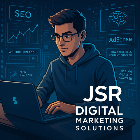 A young South Asian male digital marketer works intently on a laptop in a high-tech workspace, surrounded by glowing digital interface elements labeled SEO, AdSense, YouTube SEO Tool, Blog Analyzer, and JSR Blog Quality Analyzer. The image prominently features the branding "JSR Digital Marketing Solutions."