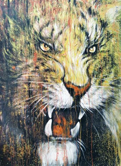 a painting of a tiger's face, is mouth open , its expression fearsome, splatter and drip effects on it, against a dark background, seen from the front in a three quarter view, looking to the right