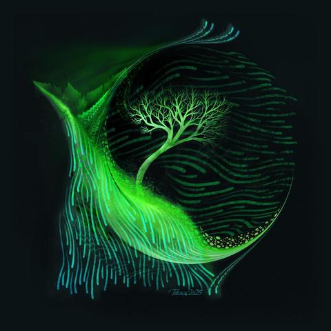 watercolour & ink; a green/blue wave of cascading water is embraced by lines forming a partial circle: a small tree stands on the top surface of the curved wave, lines of droplets run downwards, lines of green wind sit behind the tree horizontally.