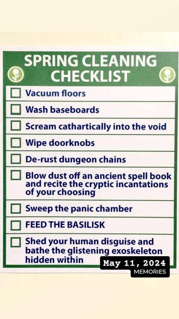 SPRING CLEANING CHECKLIST 

Vacuum floors
Wash baseboards
Scream cathartically into the void
Wipe doorknobs
De-rust dungeon chains
Blow dust off an ancient spell book and recite the cryptic incantations of your choosing
Sweep the panic chamber
FEED THE BASILISK
Shed your human disguise and bathe the glistening exoskeleton hidden within May 11, 2024