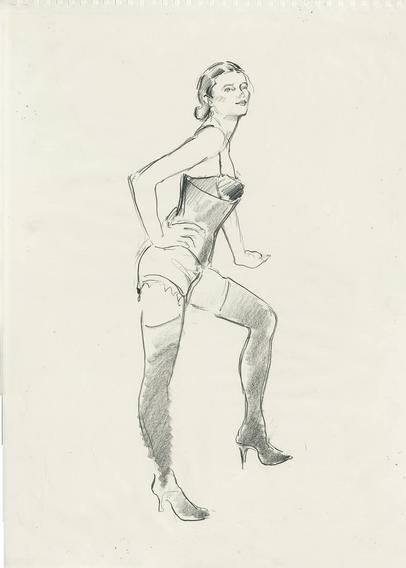 Pencil sketch of young woman in tall stockings, hand on hip.